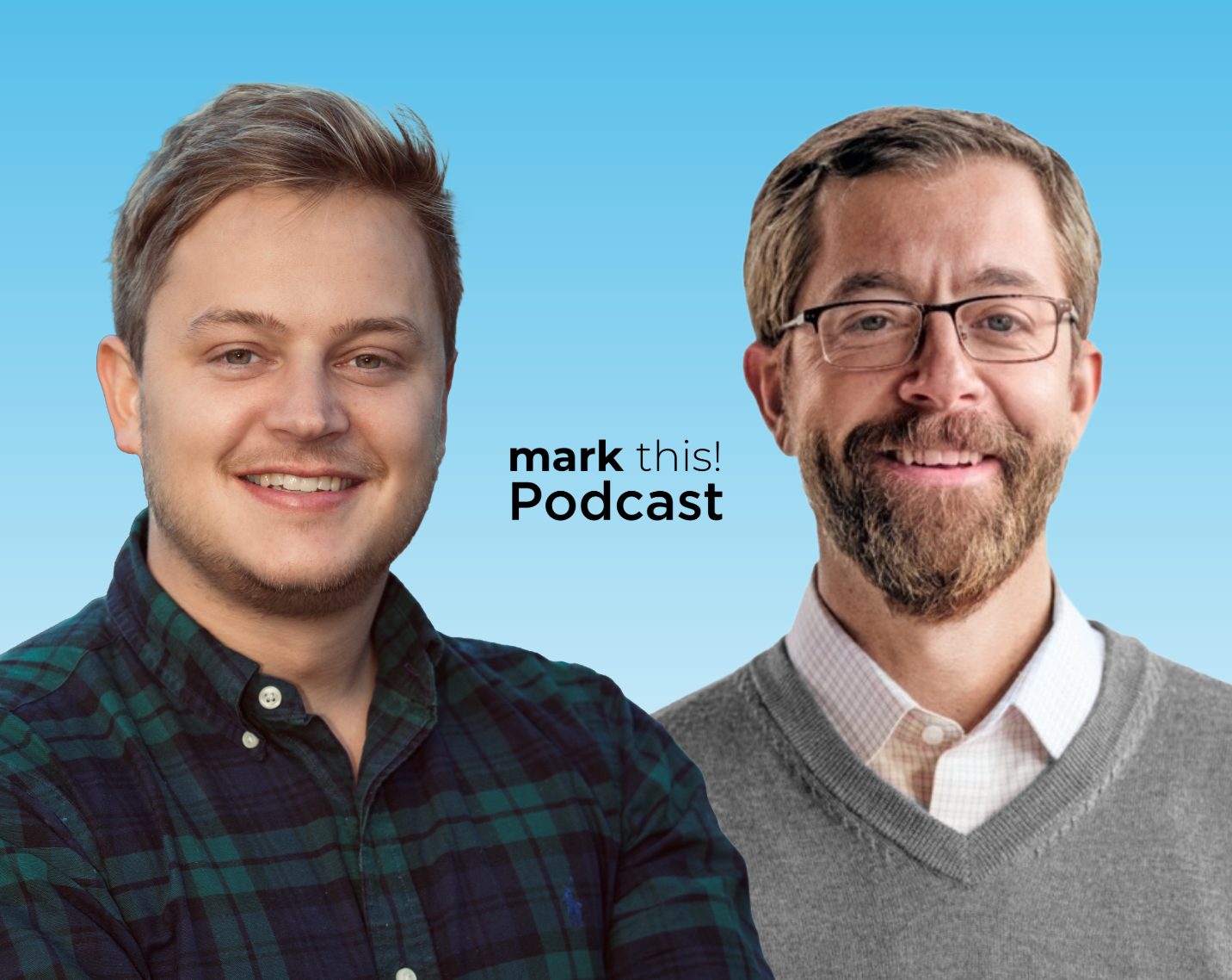 Podcast speakers headshots and title of podcast.